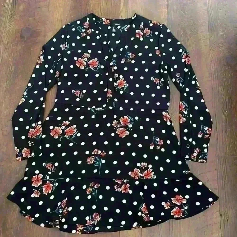 Aqua women’s long sleeve mandarin collar polka dot floral peplum mini dress S - Picture 2 of 10